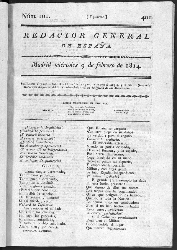 Redactor General de España del miércoles 9 de febrero de 1814