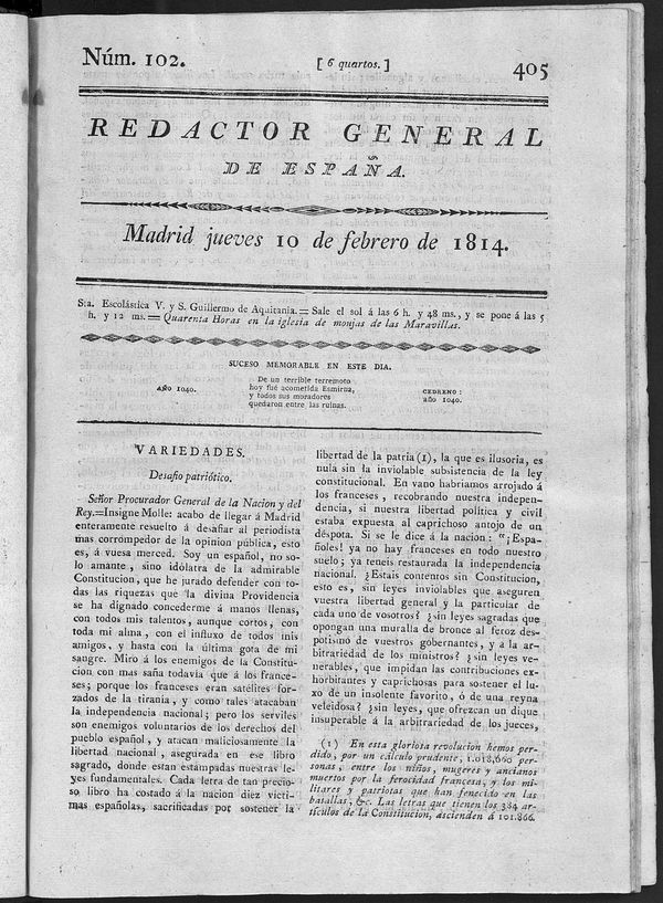 Redactor General de España del jueves 10 de febrero de 1814