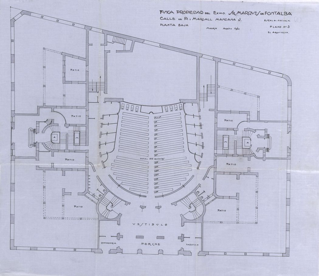 Plano de la planta baja del proyecto de construcción del desaparecido teatro Fontalba, Gran Vía 30