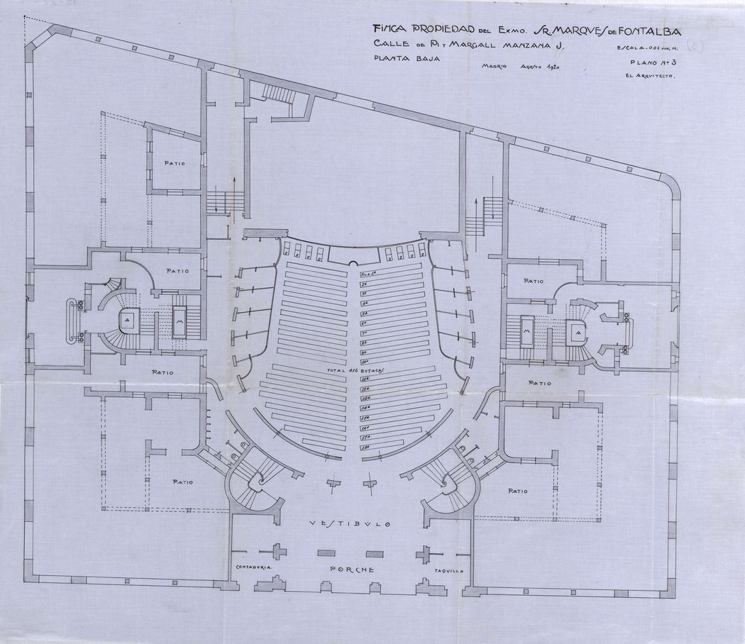 Plano de la planta baja del proyecto de construccin del desaparecido teatro Fontalba, Gran Va 30