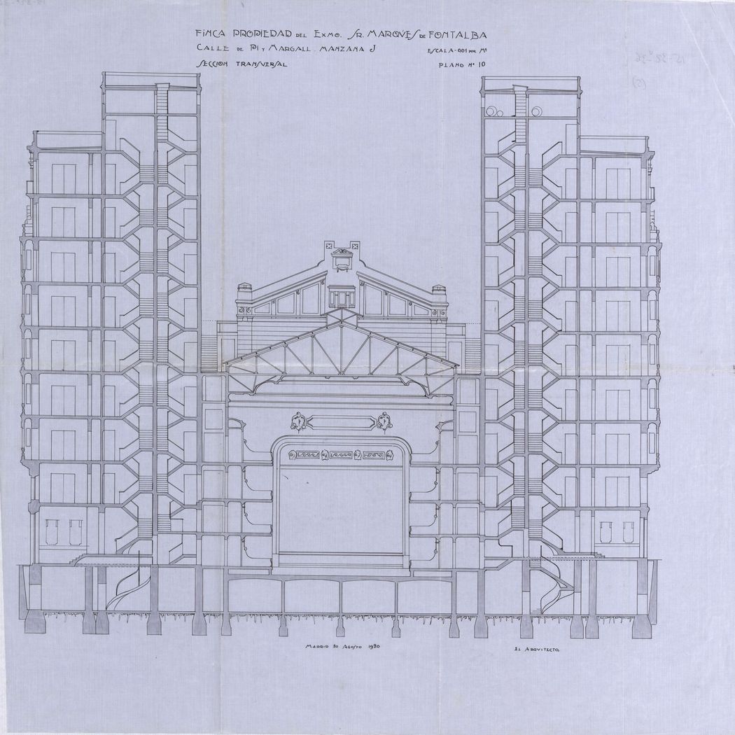 Sección transversal del proyecto de construcción del desaparecido teatro Fontalba, Gran Vía 30
