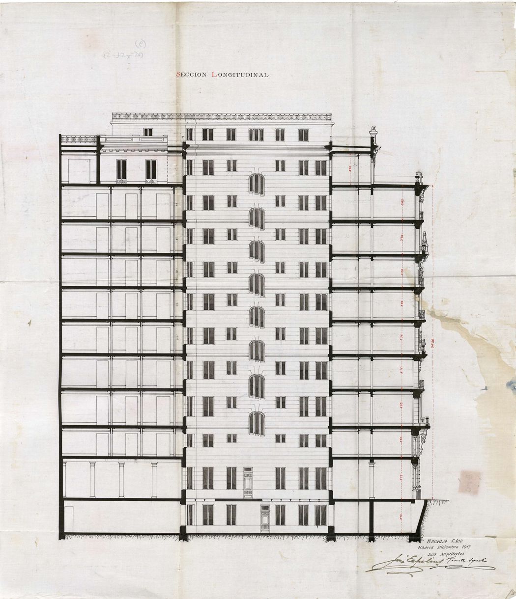 Seccin longitudinal del proyecto de construccin del edificio de Gran Va 23