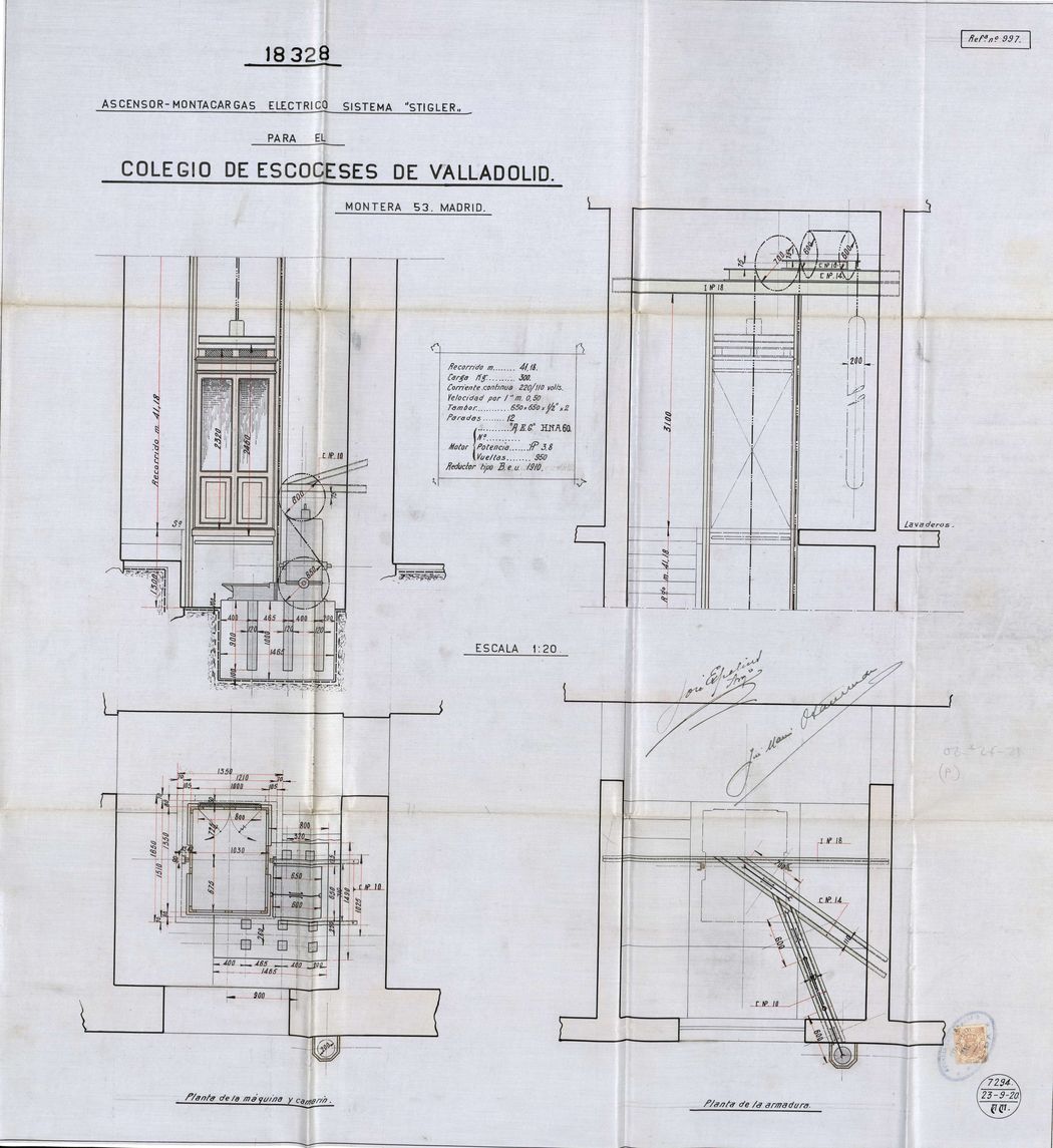 Planos del ascensor-montacargas del proyecto de construccin del edificio de Gran Va 23