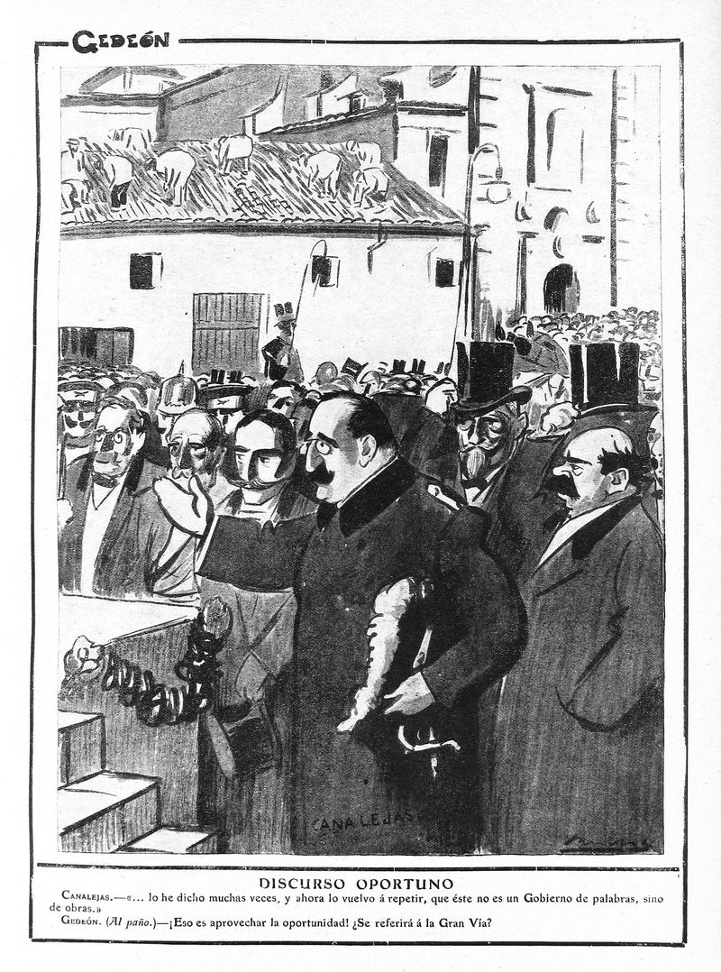 Caricatura de Canalejas en la inauguración de las obras de la Gran Vía