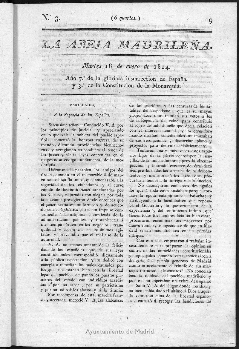 La Abeja Madrilea del martes 18 de enero de 1814