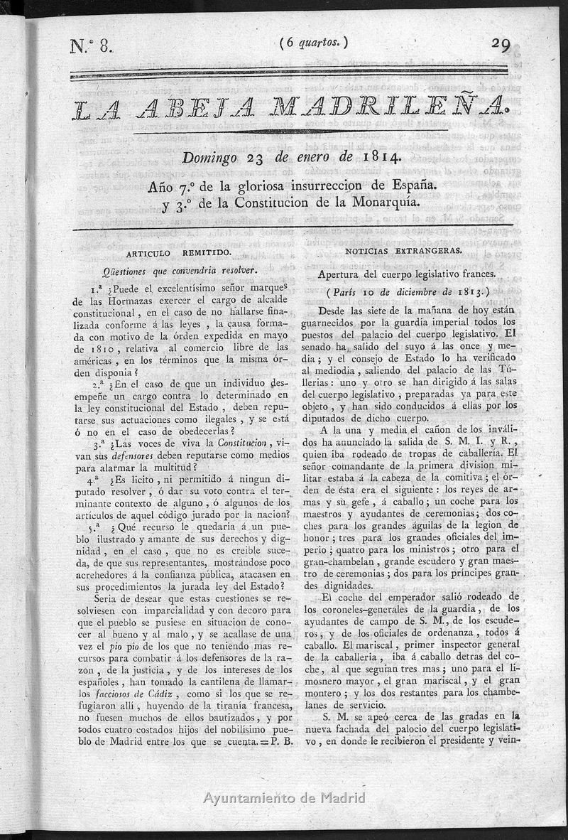 La Abeja Madrilea del domingo 23 de enero de 1814
