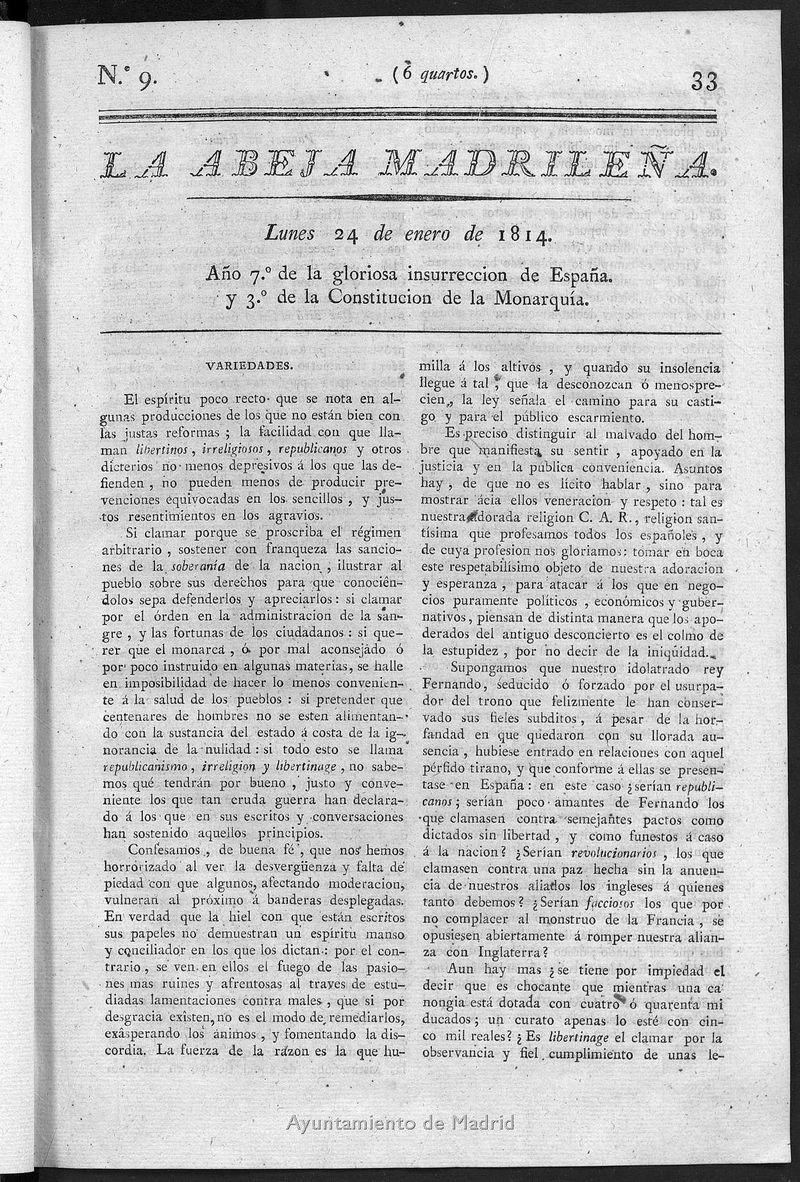 La Abeja Madrilea del lunes 24 de enero de 1814