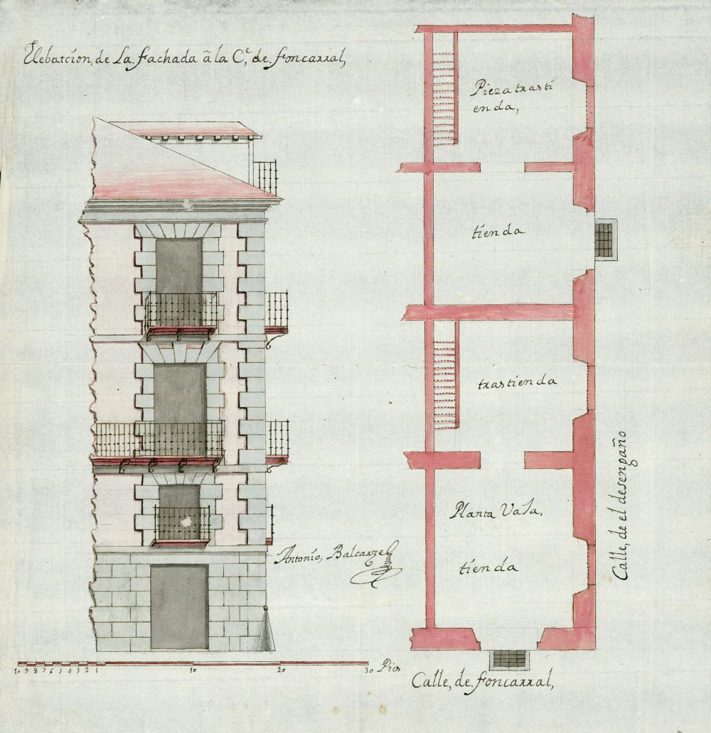 Alzado y planta para la incorporación de una casa a otra perteneciente a la marquesa de Murillo situada en la calle del Desengaño que tenía fachada a la de Fuencarral