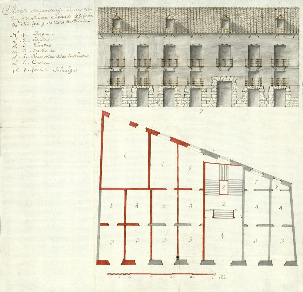 Planta de cuarto bajo con sus tiendas y trastiendas, y alzado de la fachada principal de las casas de Doa Catalina Teresa de las Monedas