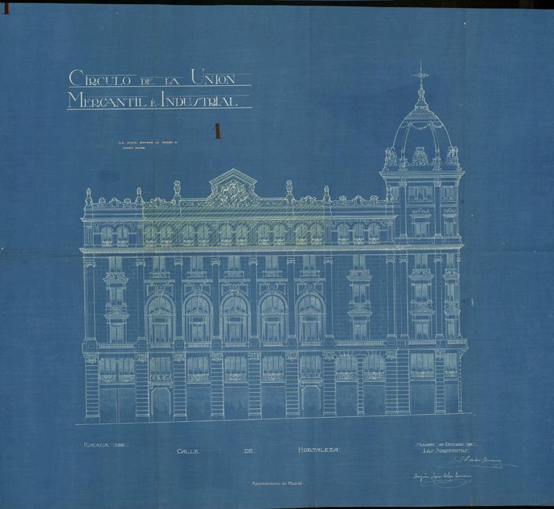 Fachada a la calle de Hortaleza del edificio del Crculo de la Unin Mercantil e Industrial situado en Gran Va 24