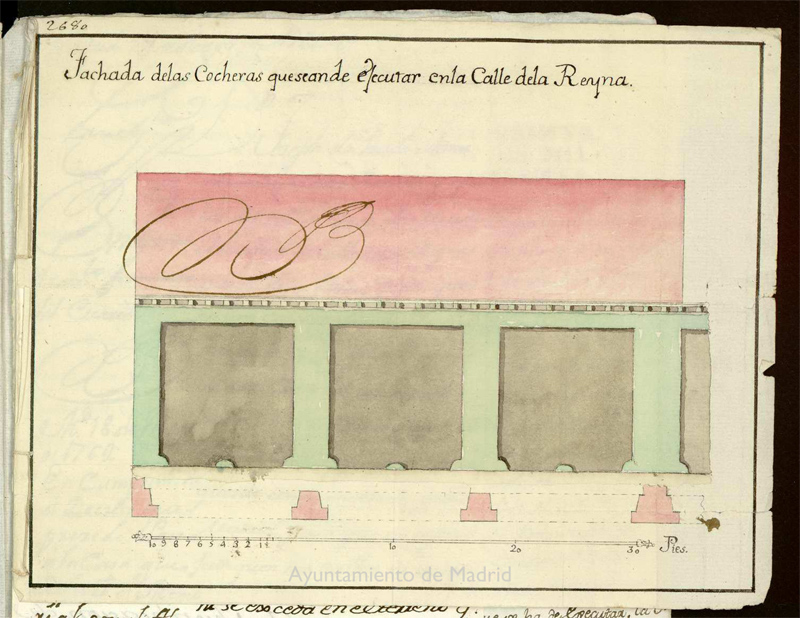 Licencia a Don Jos Prado por el Conde de Murillo para construir una cochera en la Calle de la Reina