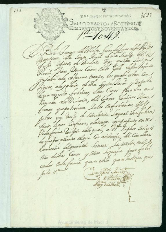 Licencia a Don Bernardo Tamayo de Villalta para hacer unas casas en la calle de San Jacinto, hoy de Zaragoza, propias de la Hermandad del Refugio