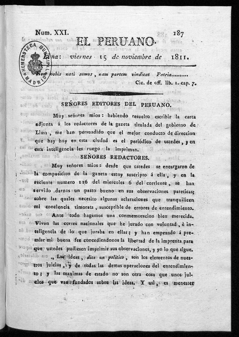 El Peruano. Lima: viernes 15 de noviembre de 1811