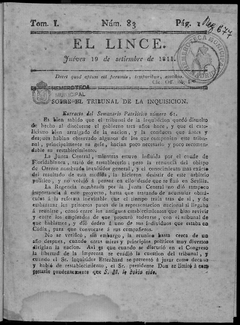 El Lince del jueves 19 de septiembre de 1811