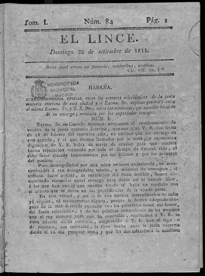 El Lince del domingo 22 de septiembre de 1811