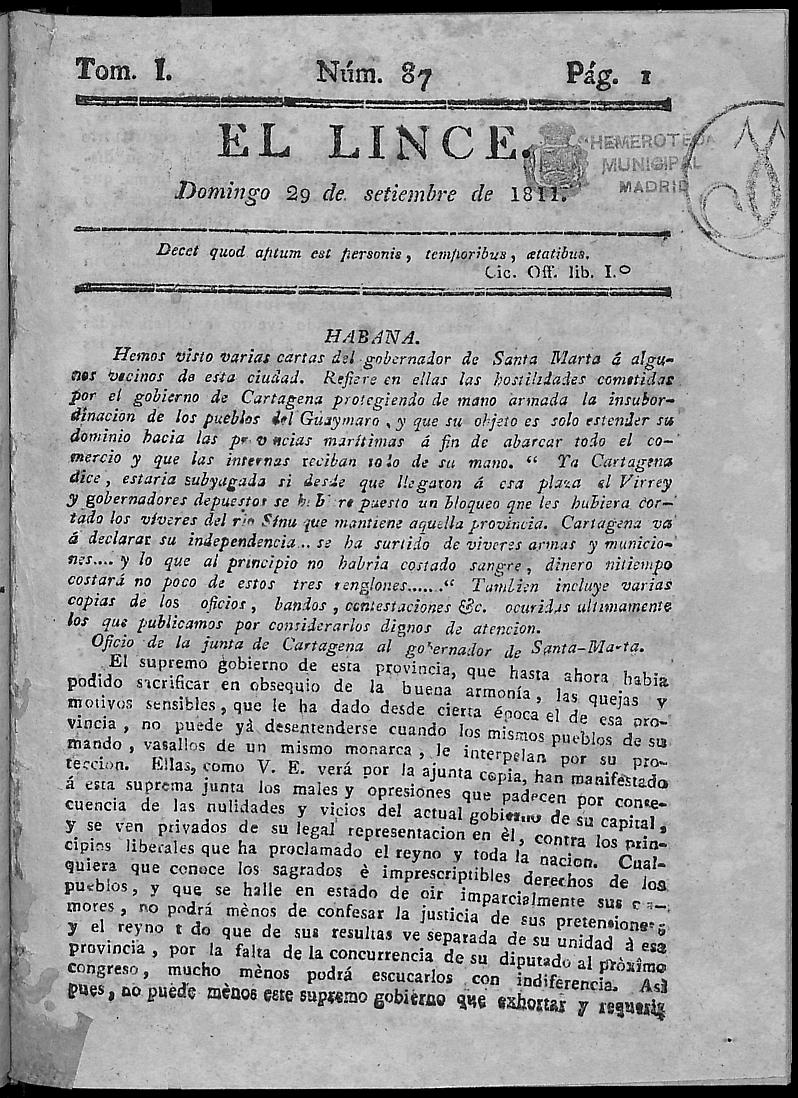 El Lince del domigo 29 de septiembre de 1811