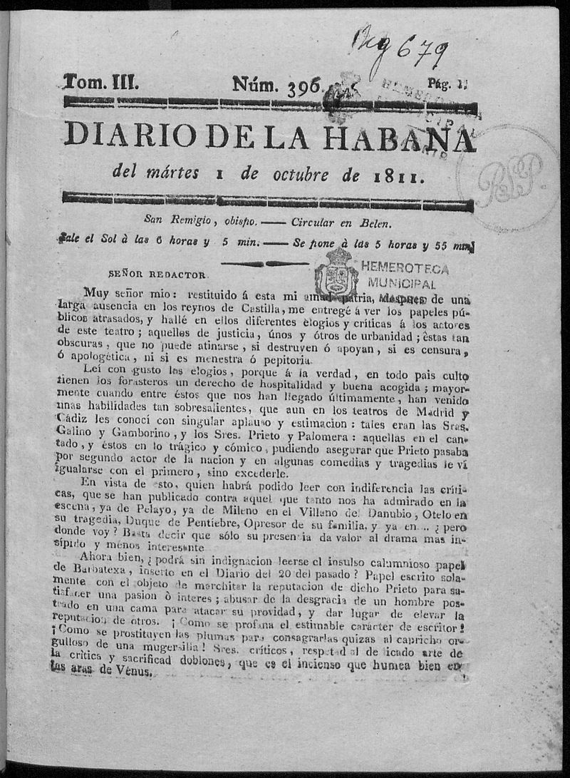 Diario de la Habana del martes 1 de octubre de 1811