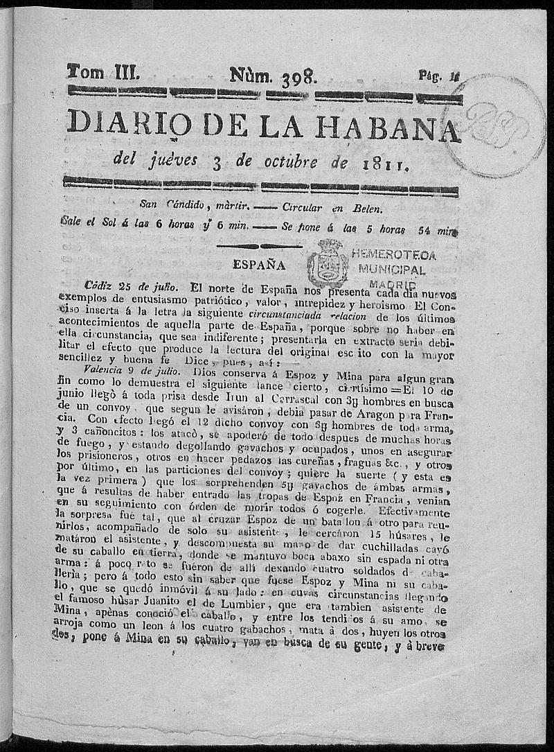 Diario de la Habana del jueves 3 de octubre de 1811