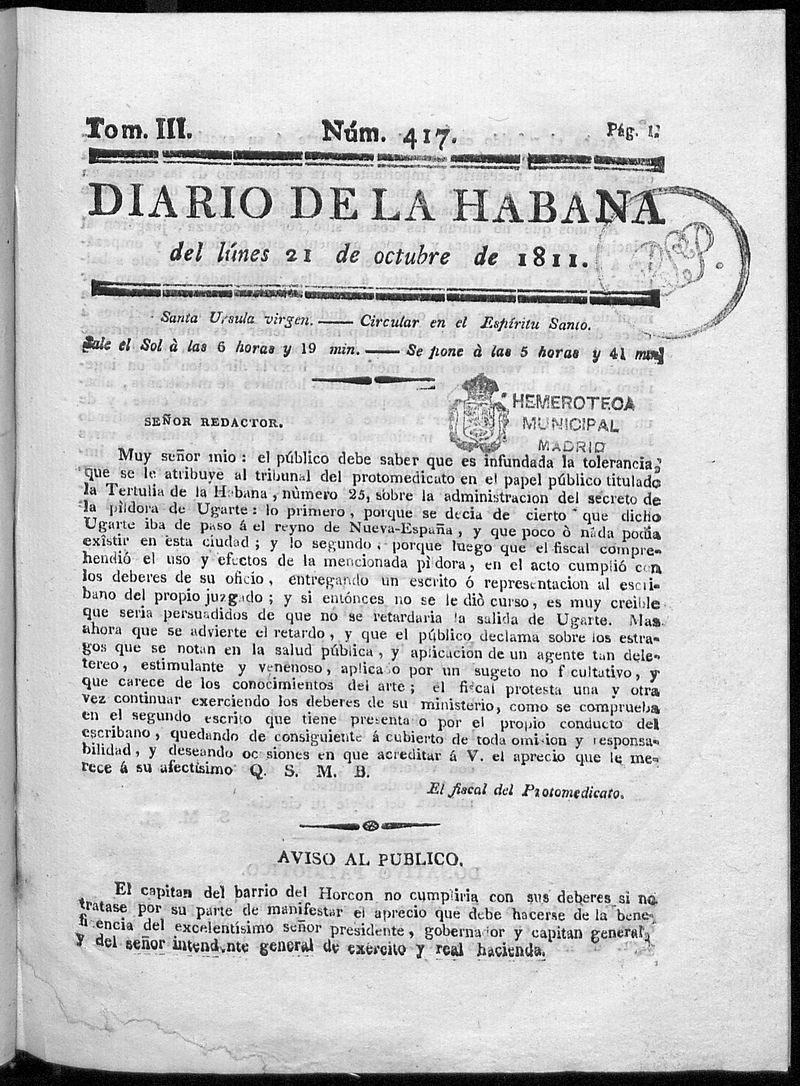 Diario de la Habana del lunes 21 de octubre de 1811