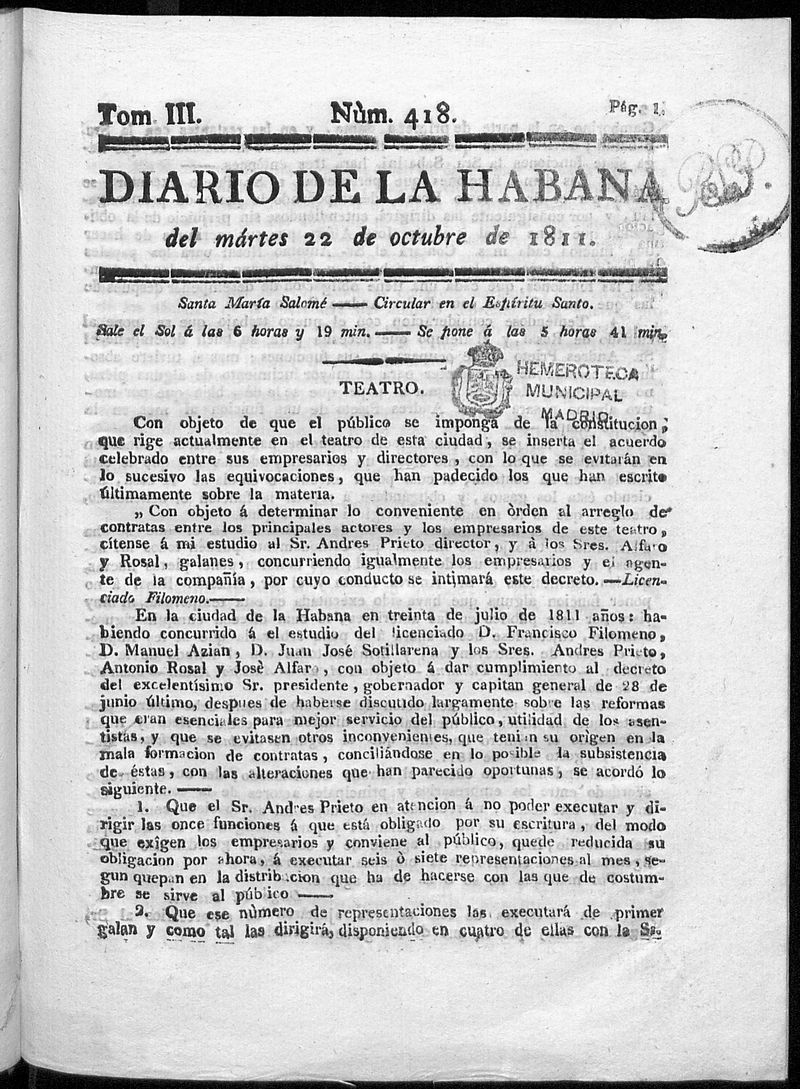Diario de la Habana del lunes 22 de octubre de 1811