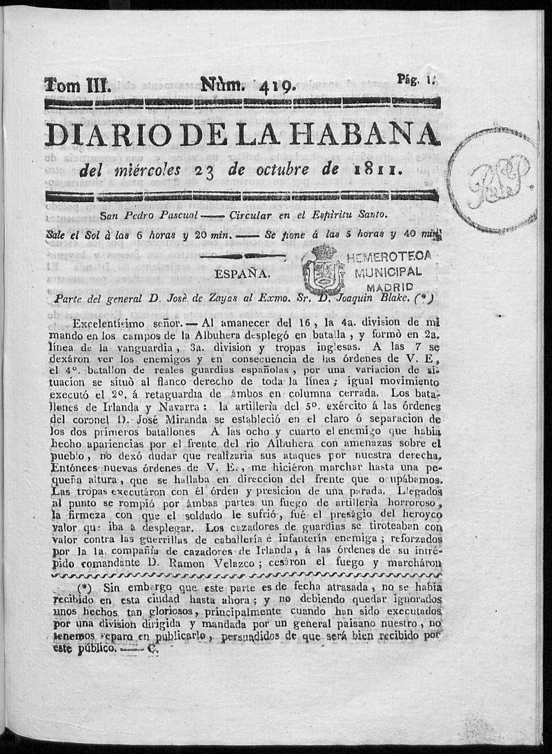 Diario de la Habana del mircoles 23 de octubre de 1811