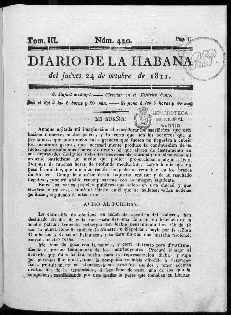 Diario de la Habana del jueves 24 de octubre de 1811