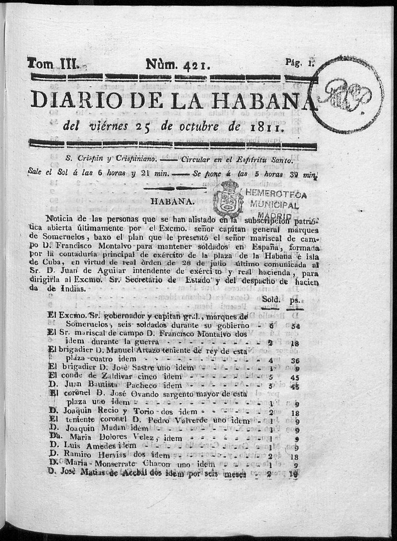 Diario de la Habana del viernes 25 de octubre de 1811