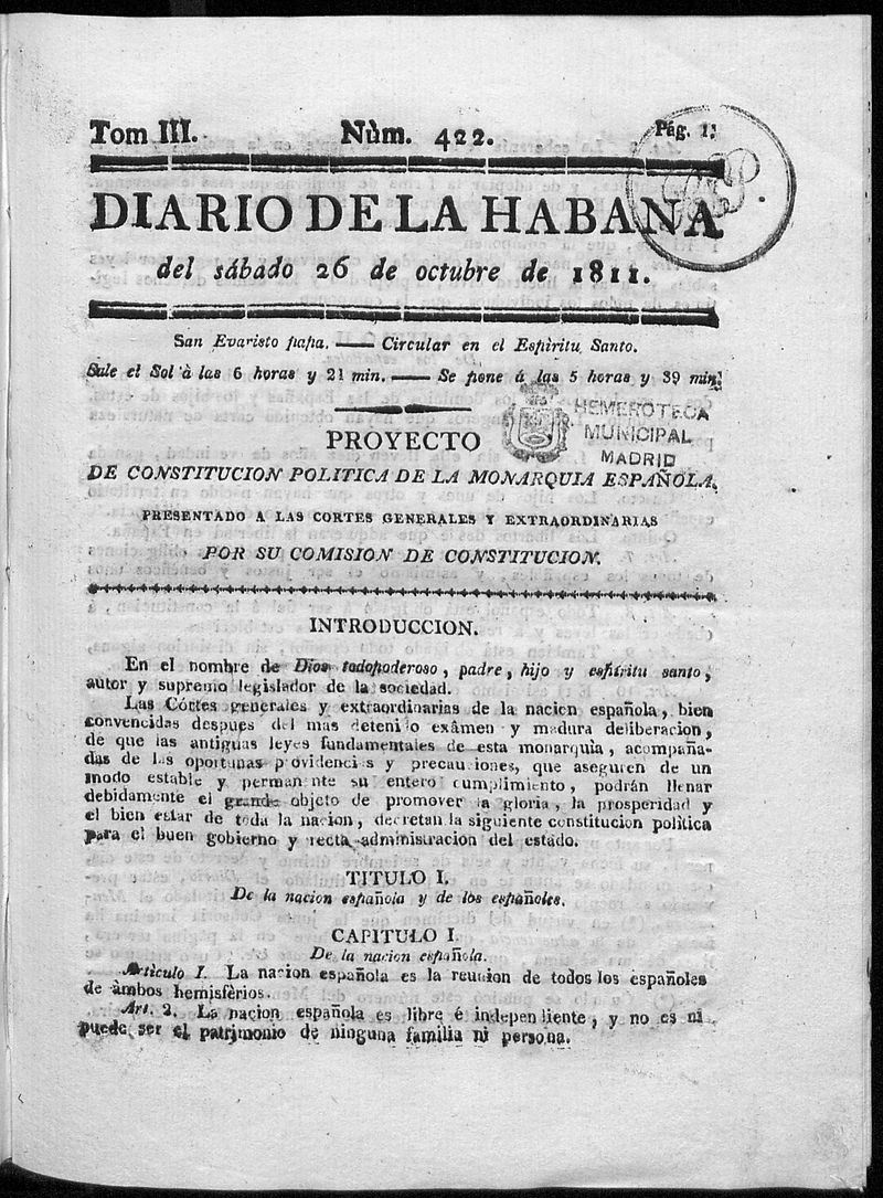 Diario de la Habana del sbado 26 de octubre de 1811