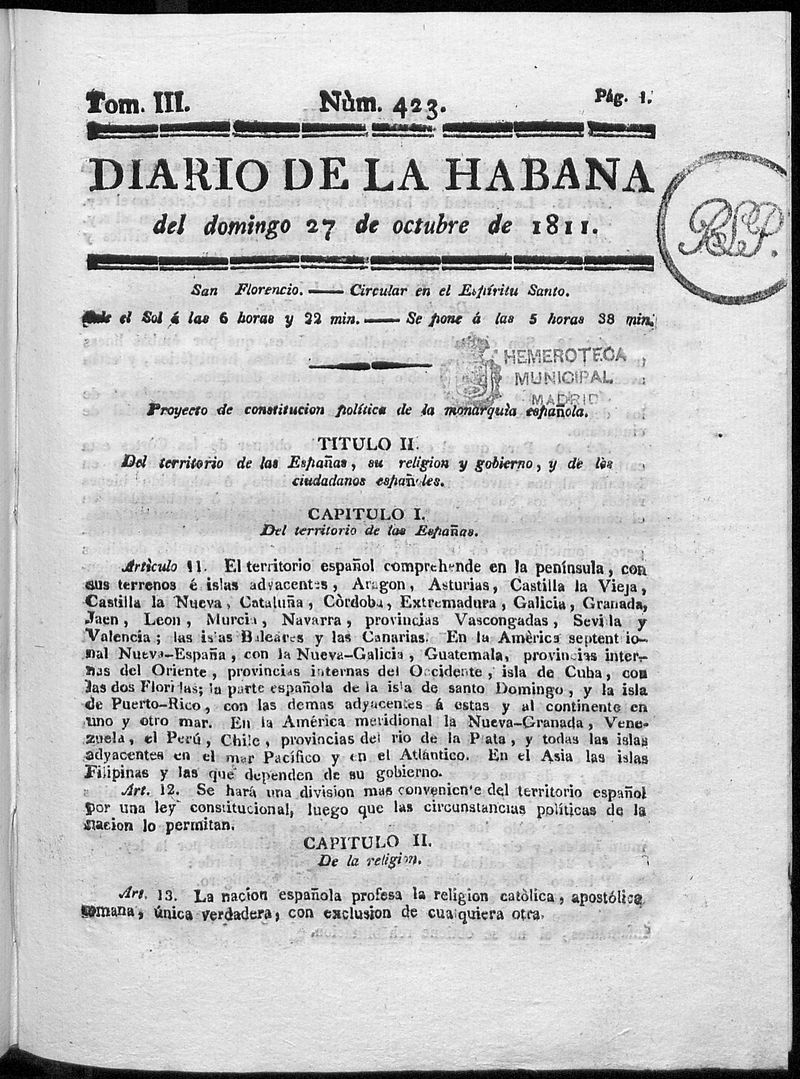 Diario de la Habana del domingo 27 de octubre de 1811