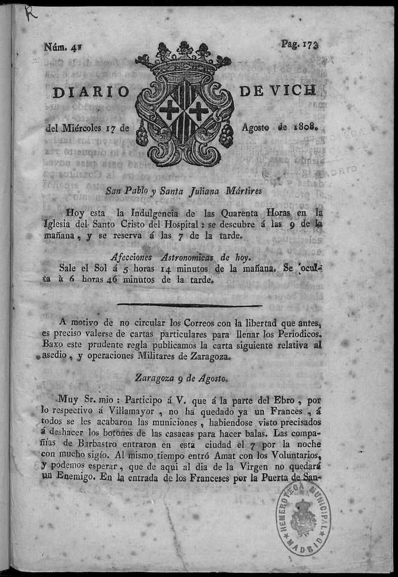 Diario de Vich del mircoles 17 de agosto de 1808