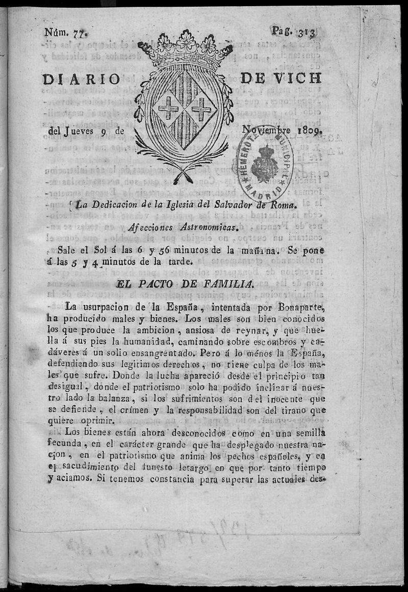 Diario de Vich del jueves 9 de noviembre de 1809