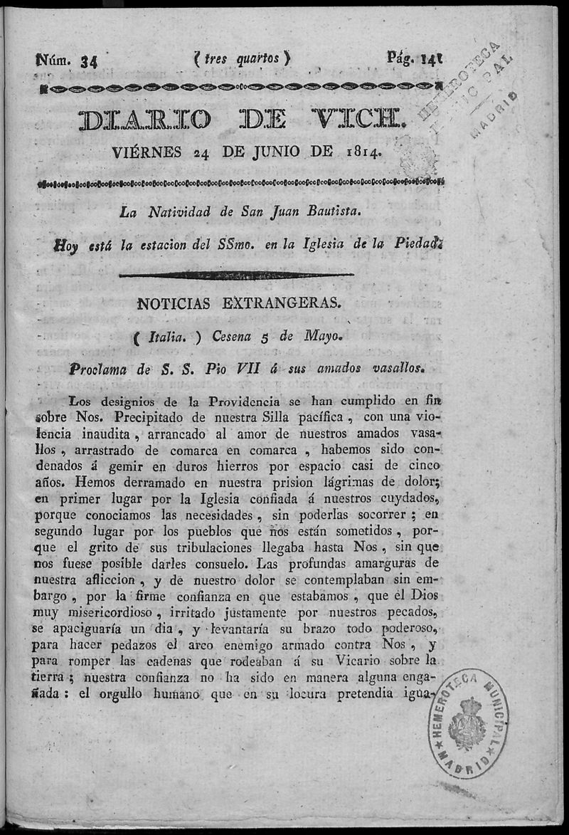 Diario de Vich del viernes 24 de junio de 1814