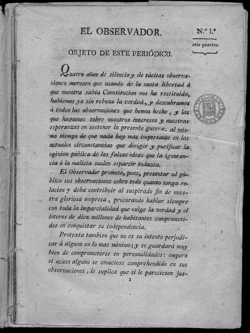 El Observador. Lunes 28 de septiembre de 1812