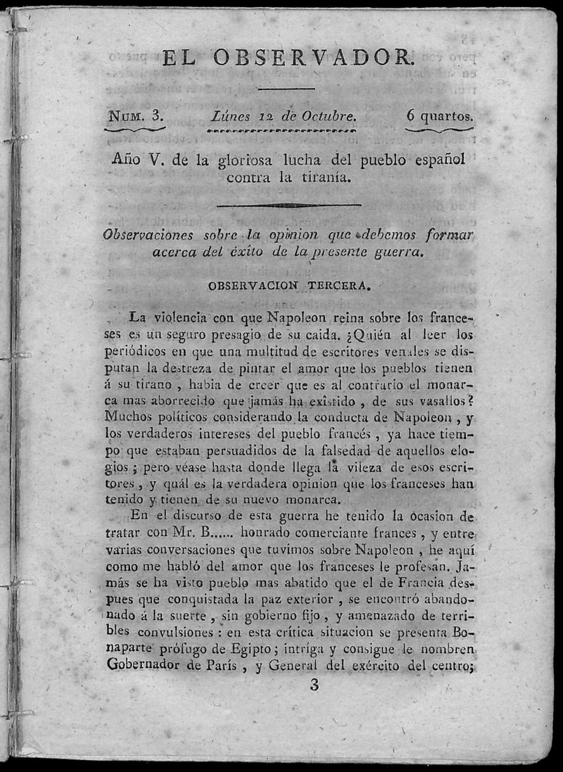 El Observador. Lunes 12 de octubre de 1812