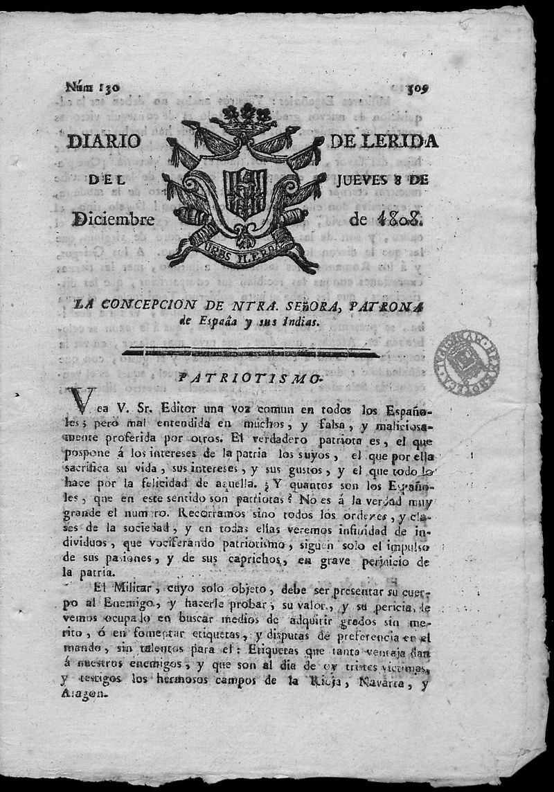 Diario de Lrida del jueves 8 de diciembre de 1808