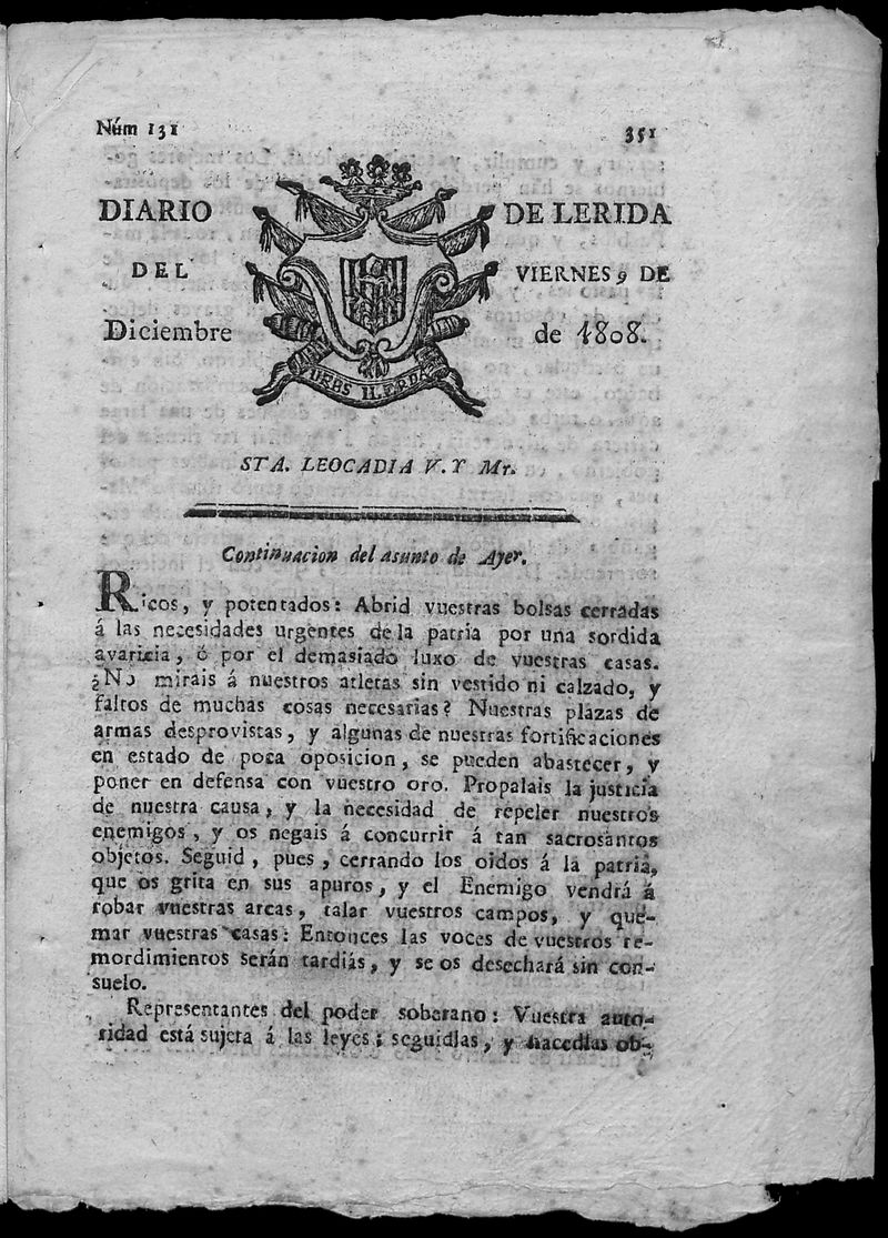 Diario de Lrida del viernes 9 de diciembre de 1808
