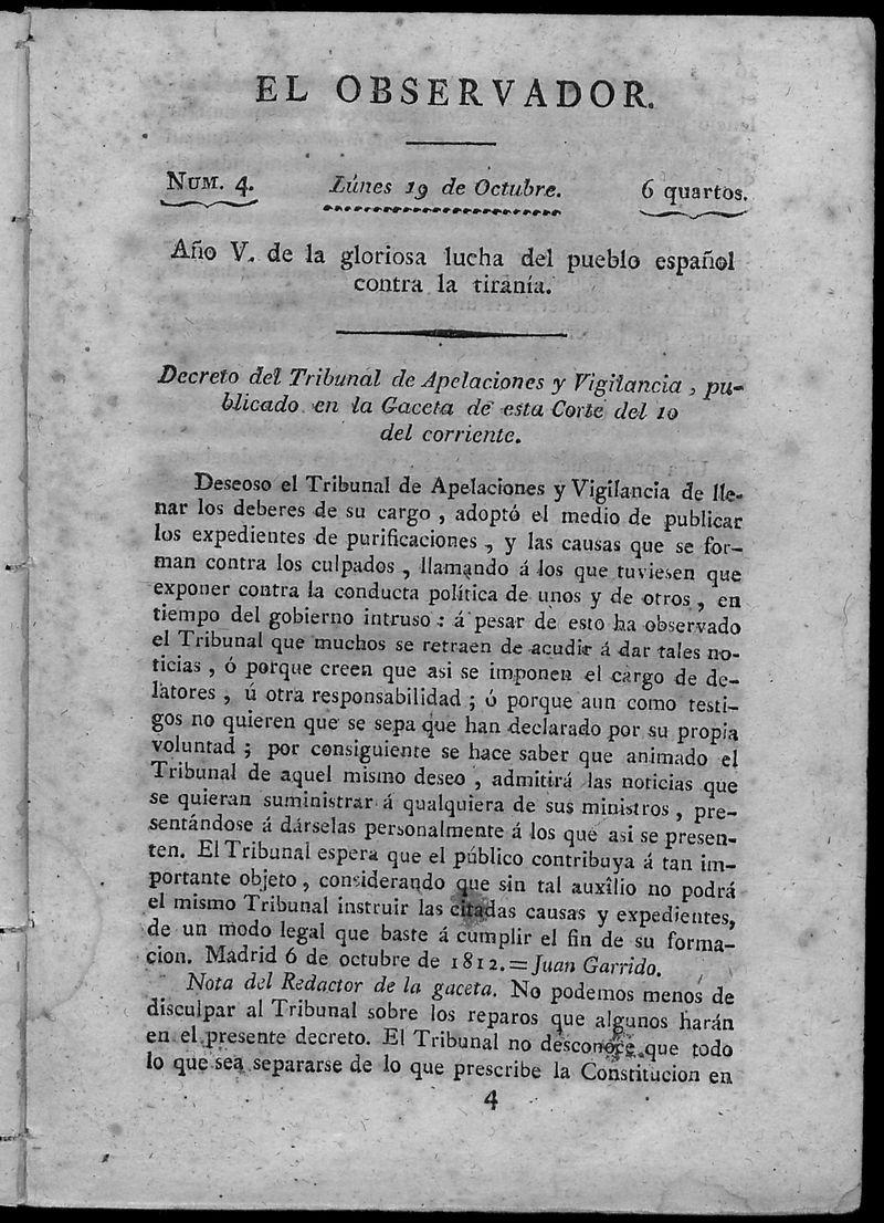 El Observador. Lunes 19 de octubre de 1812