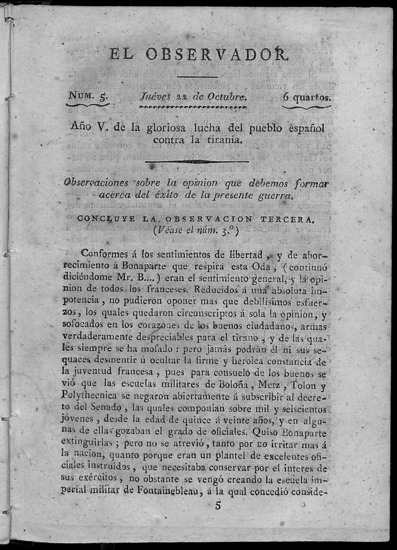 El Observador. Jueves 22 de octubre de 1812