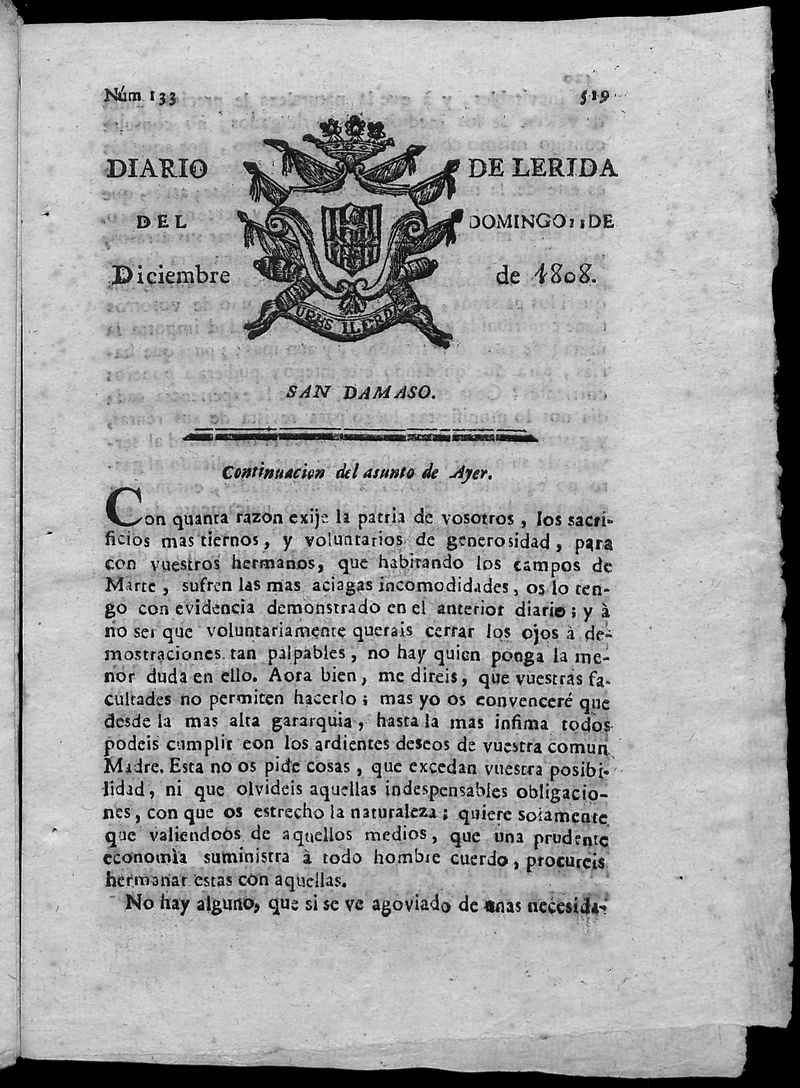Diario de Lrida del domingo 11 de diciembre de 1808