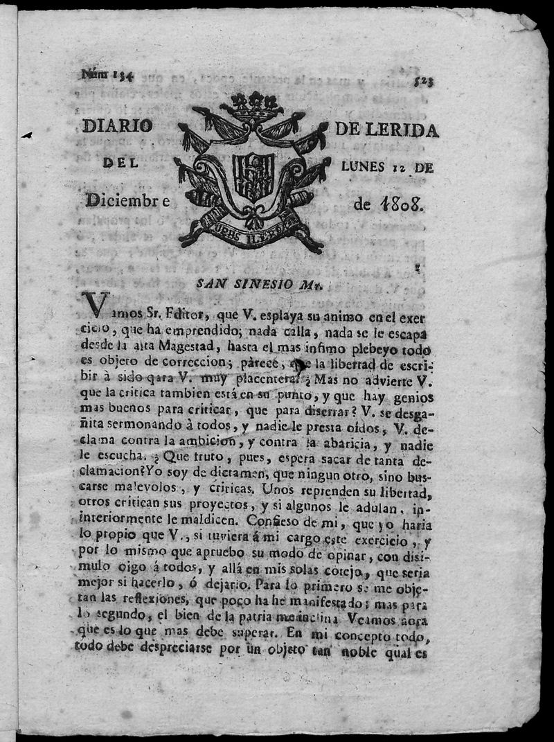 Diario de Lrida del lunes 12 de diciembre de 1808