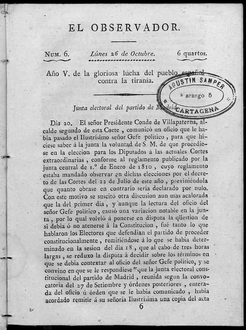 El Observador. Lunes 26 de octubre de 1812