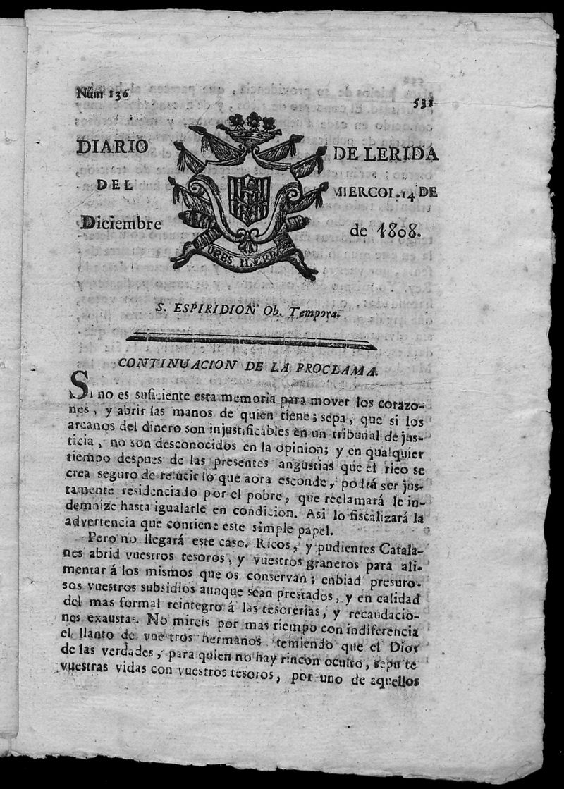 Diario de Lrida del mircoles 14 de diciembre de 1808