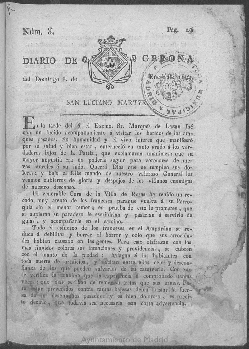 Diario de Gerona del domingo 8 de enero de 1809