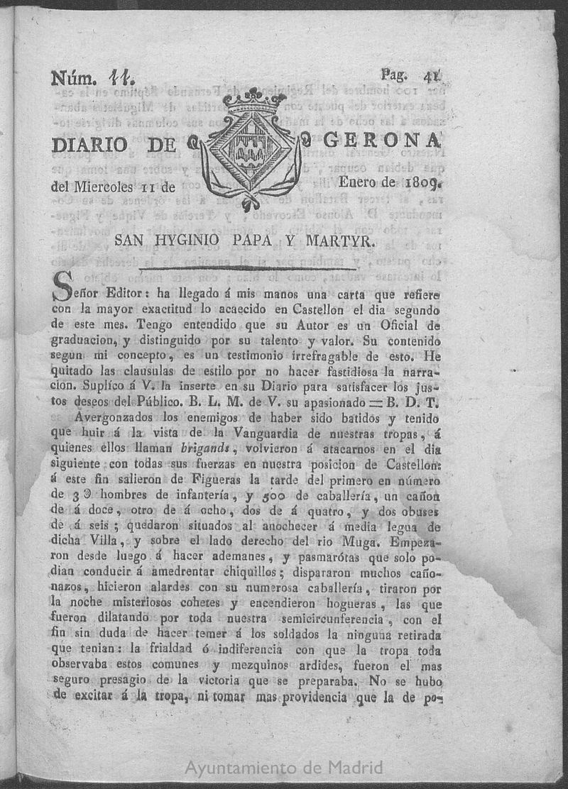 Diario de Gerona del mircoles 11 de enero de 1809