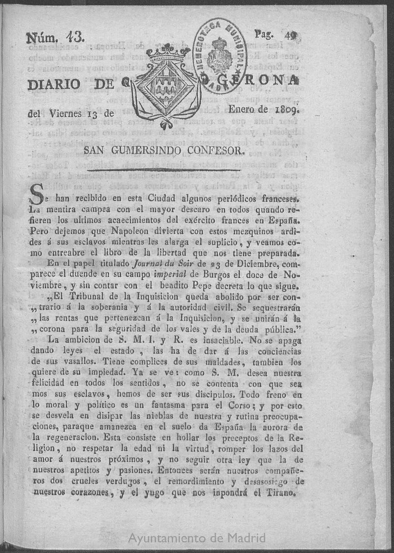 Diario de Gerona del viernes 13 de enero de 1809