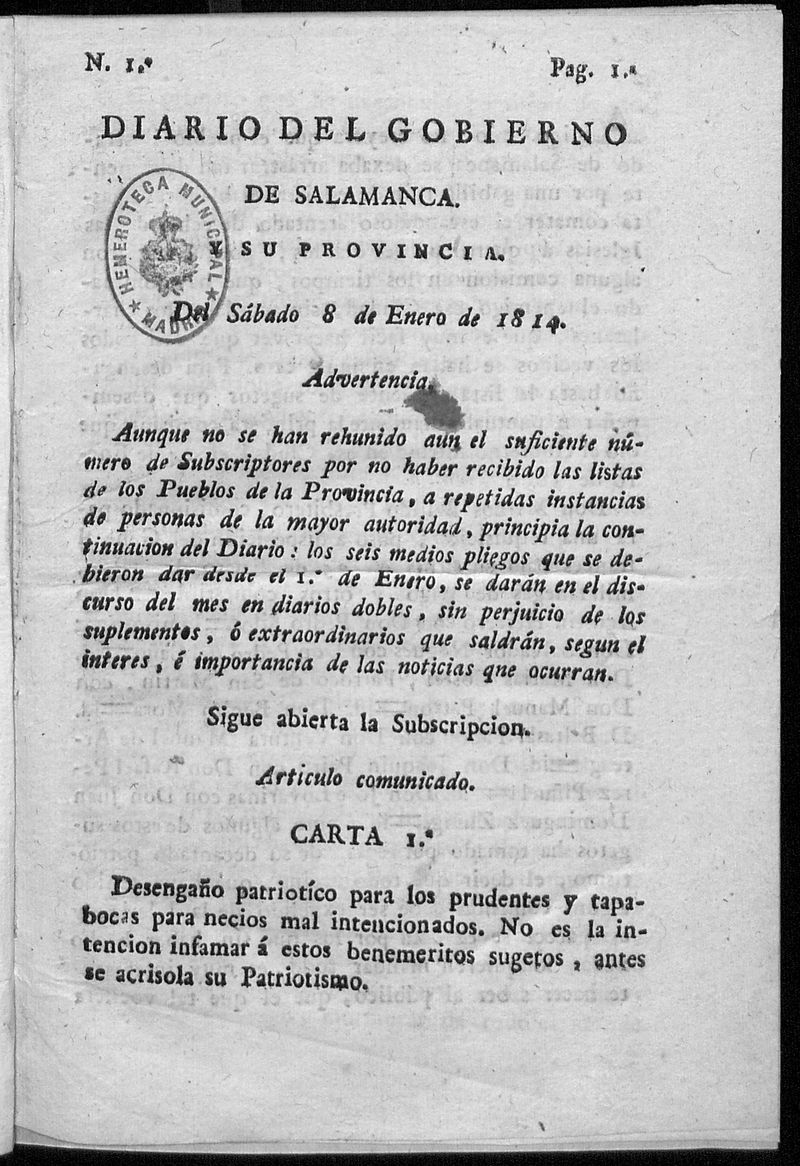 Diario del gobierno de Salamanca del sbado 8 de enero de 1814