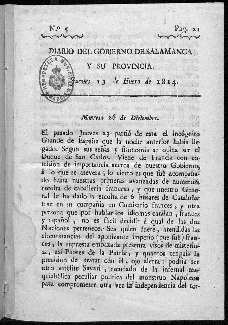 Diario del gobierno de Salamanca del jueves 13 de enero de 1814