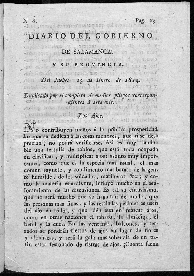 Diario del gobierno de Salamanca del jueves 13 de enero de 1814