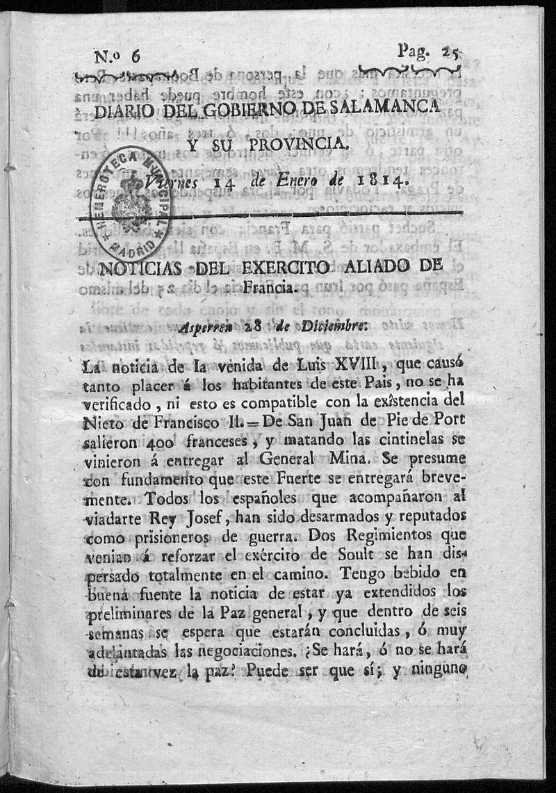 Diario del gobierno de Salamanca del viernes 14 de enero de 1814 