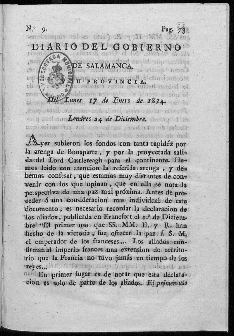 Diario del gobierno de Salamanca del lunes 17 de enero de 1814 